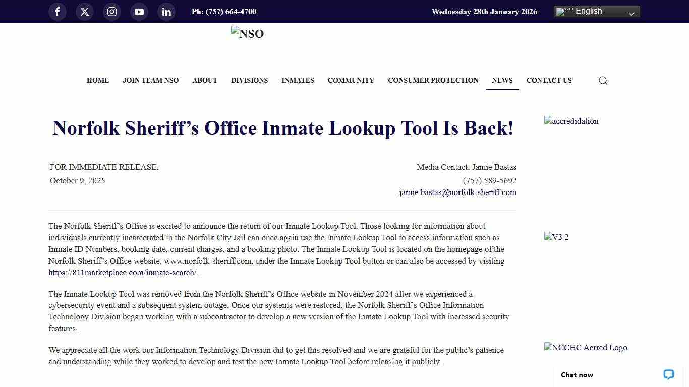 Norfolk Sheriff’s Office Inmate Lookup Tool Is Back!